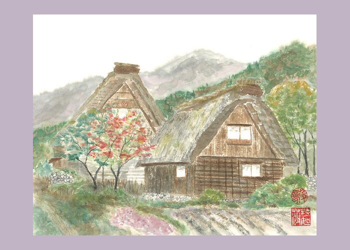 Japanese Greeting Card featuring the painting Gassho-Zukuri Home by Terri Harris