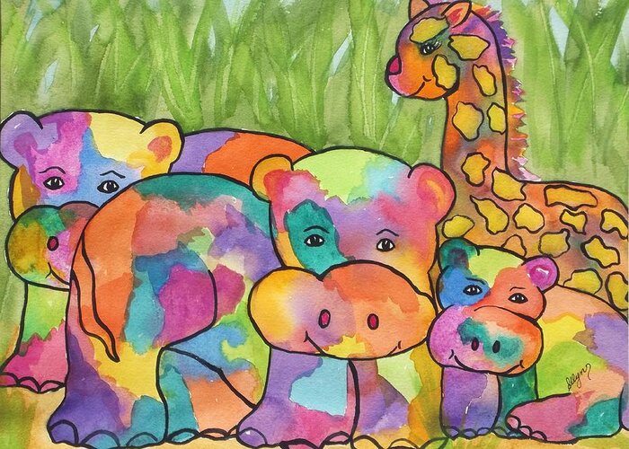 Hippos Greeting Card featuring the painting Gathering of Friends by Ellen Levinson