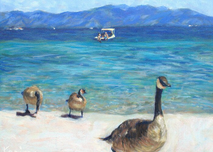 Landscape Greeting Card featuring the painting Geese at Tahoe by Kerima Swain