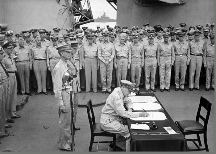 Wwii Greeting Card featuring the photograph General MacArthur Signing The Japanese Surrender by War Is Hell Store