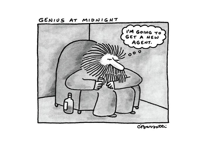 No Caption
Genius At Midnight: Man Sits In An Armchair With A Bottle At His Foot Greeting Card featuring the drawing Genius At Midnight by Charles Barsotti