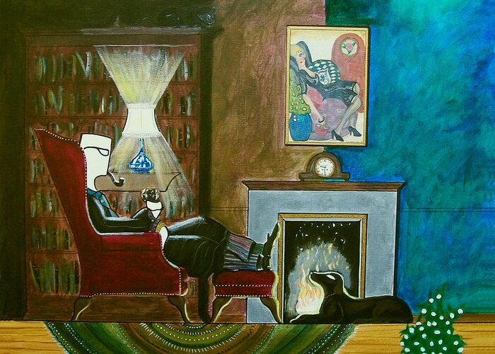 Johnlyes Greeting Card featuring the painting Gentleman Sitting in Wingback Chair Enjoying a Brandy by John Lyes