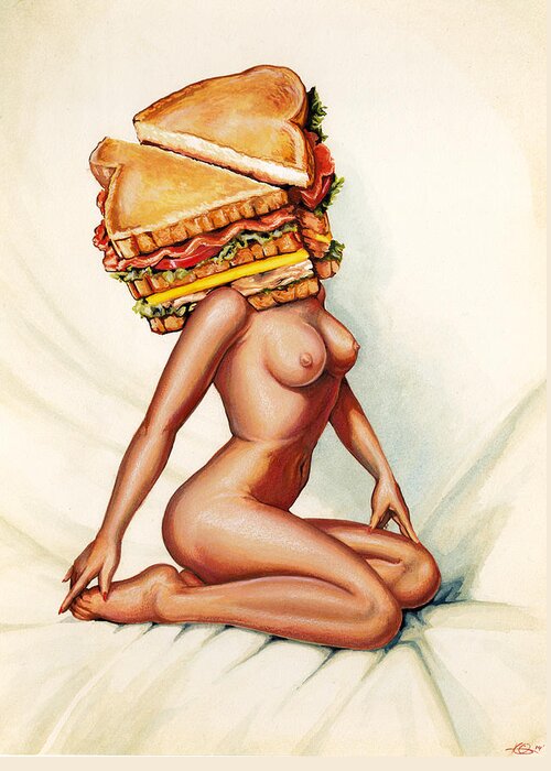 Nude Naked Lady Woman Women Girl Pin-up Model Pose Posing Illustration Sandwich Club Toast Bread White Half Tomato Lettuce Bacon Turkey Mayo Mayonnaise Cheese Slice Ham Boobs Boobies Tit Tits Breast Breasts Nipples Sexy Hot Kitschy Vintage Tacky Weird Surrealism Surrealistic Photorealism Illustration Realistic Fun Funny Humor Painting Greeting Card featuring the painting Gentlemen's Club by Kelly Gilleran