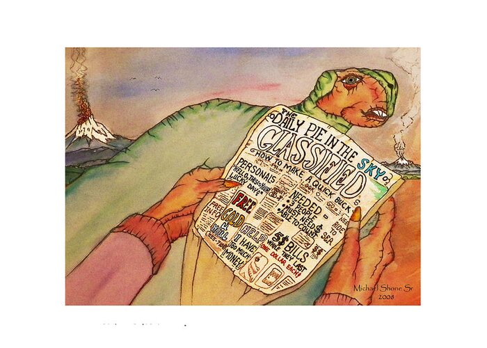 Dinosaur Greeting Card featuring the painting Get Rich Classifieds Humor by Michael Shone SR