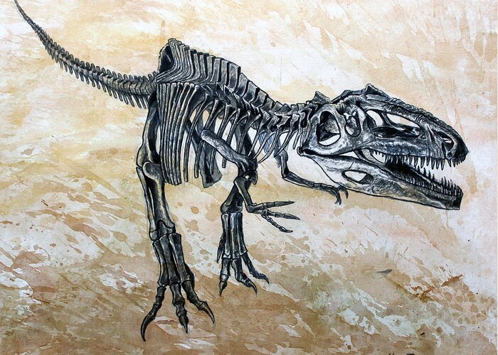 Dinosaur Greeting Card featuring the painting Giganotosaurus skeleton by Harm Plat