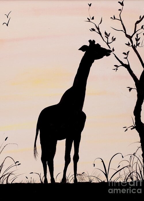 Giraffe Greeting Card featuring the painting Giraffe silhouette painting by Carolyn Bennett by Simon Bratt