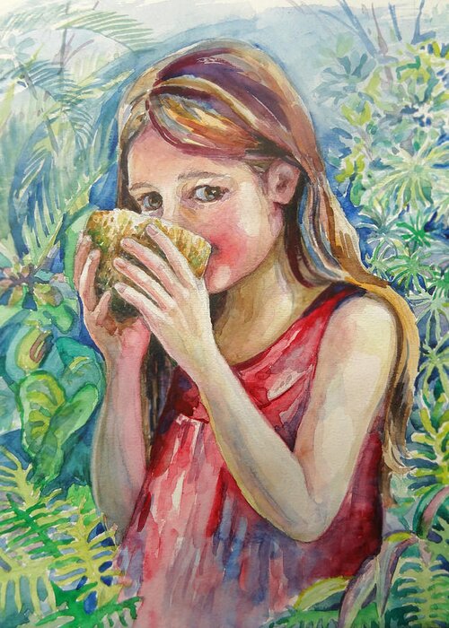  Painting Greeting Card featuring the painting Girl and coconut by Svetlana Nassyrov