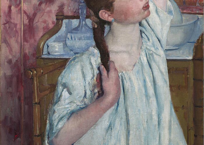 Mary Stevenson Cassatt Greeting Card featuring the painting Girl Arranging Her Hair by Mary Stevenson Cassatt