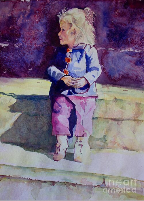 Girl Greeting Card featuring the painting Girl in the Blue Jacket by Janet Felts