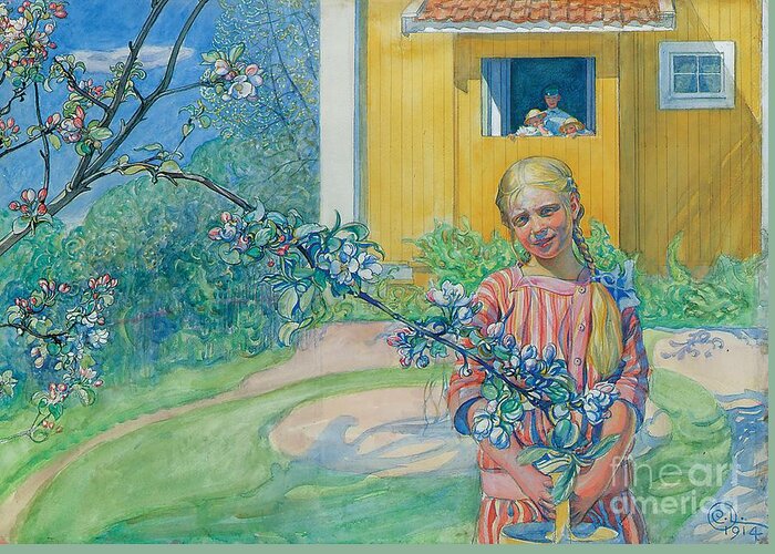 Child Greeting Card featuring the painting Girl with Apple Blossom by Carl Larsson