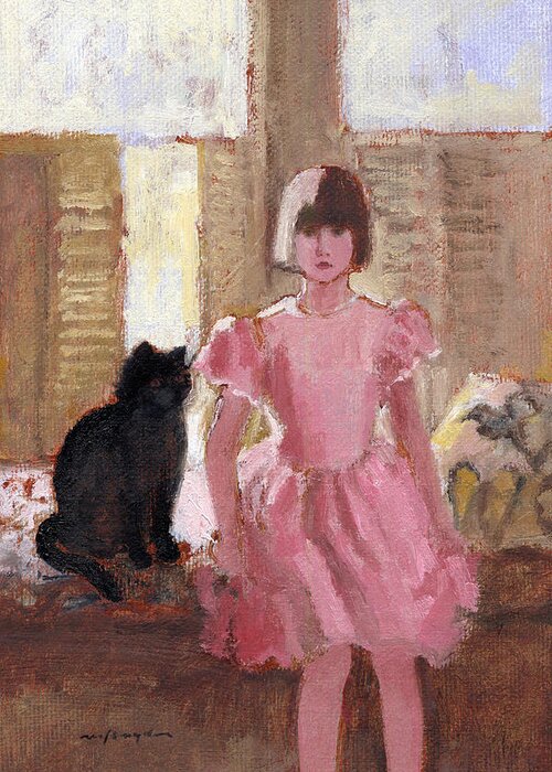 Girl With Black Cat Greeting Card featuring the painting Girl with Black Cat by J Reifsnyder