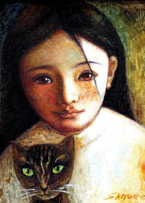 Portrait Greeting Card featuring the painting Girl with Cat by Shijun Munns