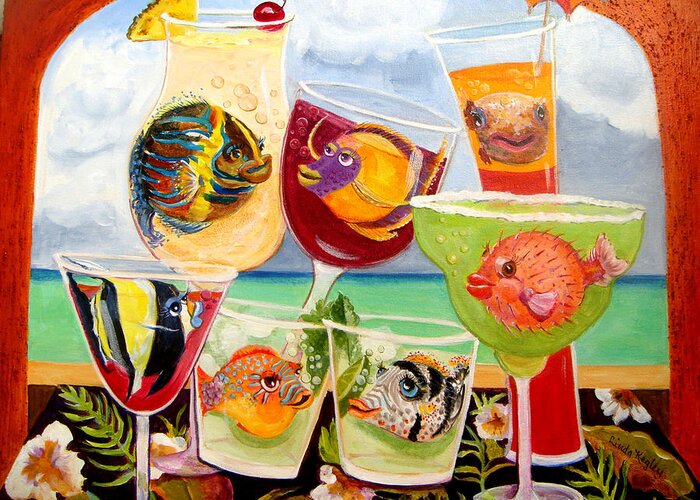 Fish In Cocktails Greeting Card featuring the painting Girlfins at the Beach I by Linda Kegley