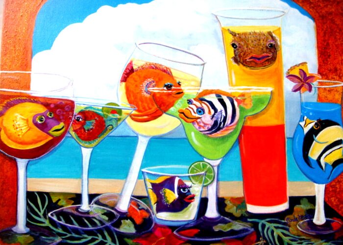 Food And Beverage Greeting Card featuring the painting GirlFINS at the Beach by Linda Kegley