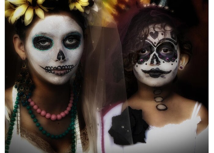 Day Of The Dead Greeting Card featuring the photograph Girls in costume for Dia Los Muertos by Gary Warnimont