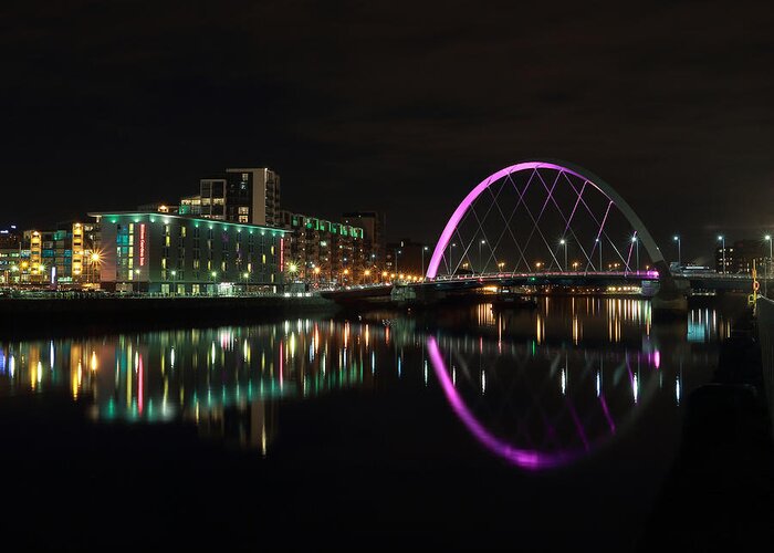 Glasgow Clyde Arc Greeting Card featuring the photograph Glasgow Clyde Arc Bridge at Night by Maria Gaellman