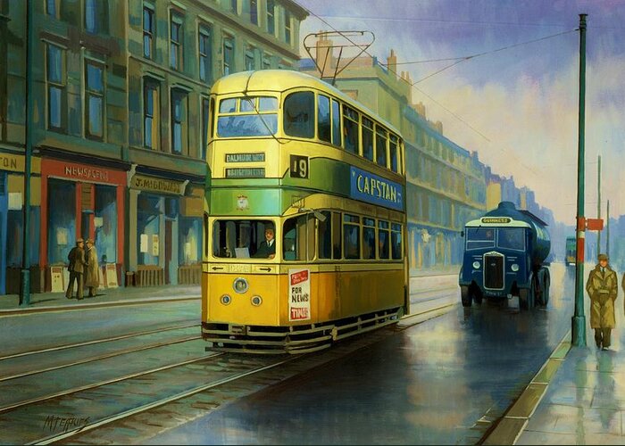 Transportation Greeting Card featuring the painting Glasgow tram. by Mike Jeffries