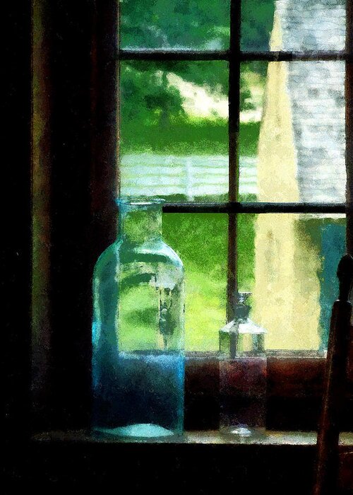 Bottles Greeting Card featuring the photograph Glass Bottles on Windowsill by Susan Savad