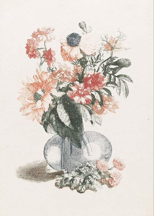 Flowers Greeting Card featuring the drawing Glass Vase With Various Flowers And A Sunflower by Jean Baptiste Monnoyer And Johan Teyler
