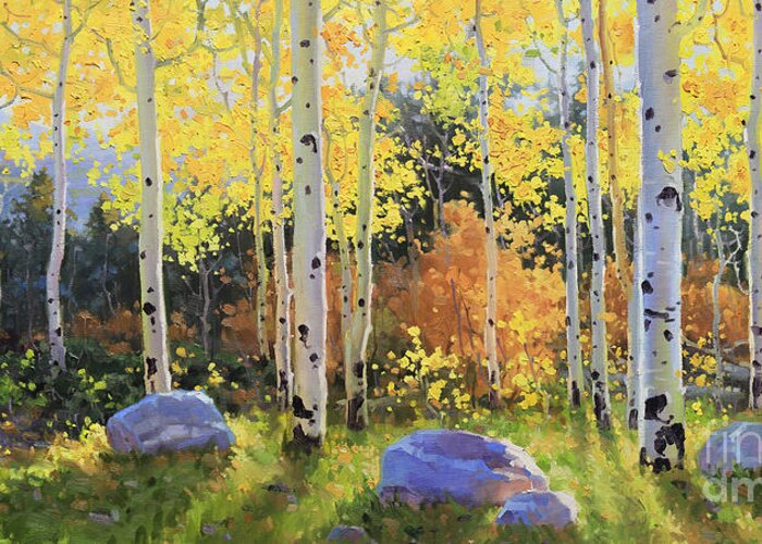 Oil Canvas Prints Contemporary Original Greeting Card featuring the painting Glowing Aspen by Gary Kim