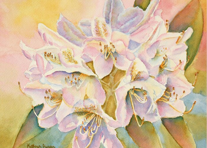 Purple Flowers Greeting Card featuring the painting Glowing Once Glowing Twice by Kathryn Duncan