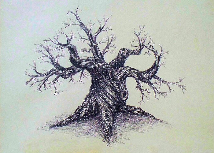 Gnarled Tree Pen Ink Paper Austin Texas Greeting Card featuring the drawing Gnarled Tree by Troy Caperton