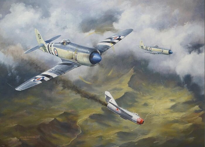 Aviation Art Greeting Card featuring the painting 'Going Down' by Colin Parker