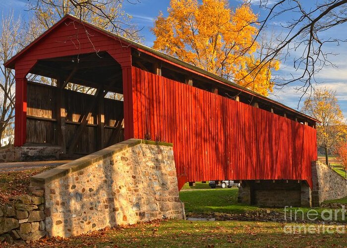 Poole Forge Covered Bridge Greeting Card featuring the photograph Gold Above The Poole Forge Covered Bridge by Adam Jewell