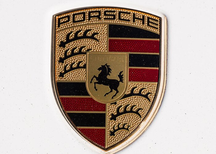 Porsche Emblem Greeting Card featuring the photograph Gold Porsche Emblem by Robert Loe
