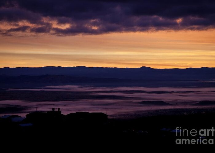 Sunrise Greeting Card featuring the photograph Gold Sky Purple Fog Sunrise by Ron Chilston