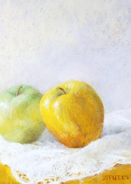 Still Life Greeting Card featuring the painting Golden Apple by Nancy Stutes
