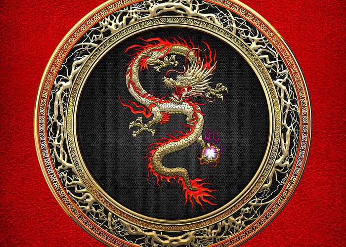 'treasure Trove' By Serge Averbukh Greeting Card featuring the digital art Golden Chinese Dragon Fucanglong by Serge Averbukh