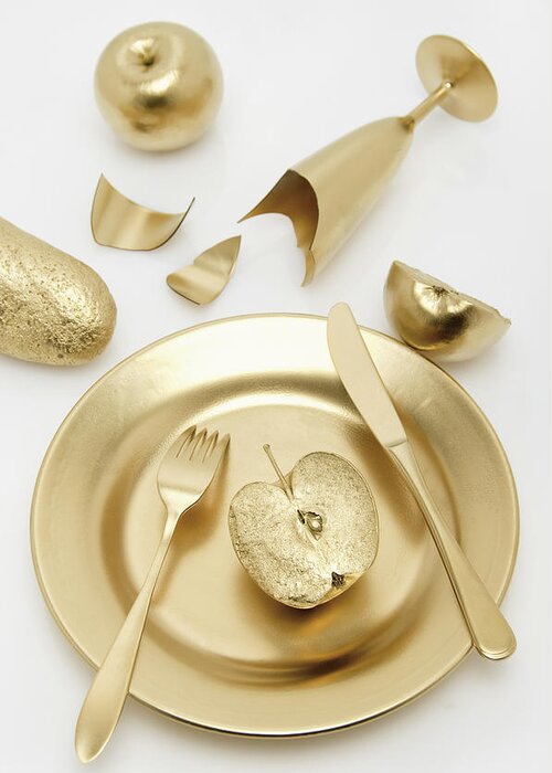 White Background Greeting Card featuring the photograph Golden Cutlery With Apple And Bread On by Westend61
