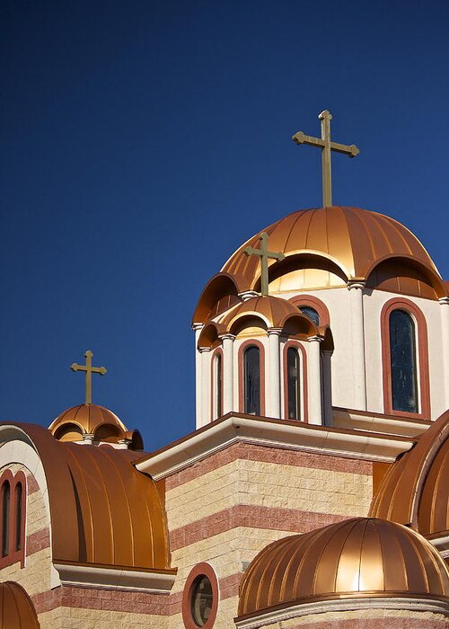 St Sava Serbian Orthodox Church Greeting Card featuring the photograph Golden Domes of St. Sava Church by Amazing Jules