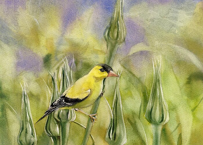 Golden Finch Greeting Card featuring the painting Golden Finch by Alfred Ng