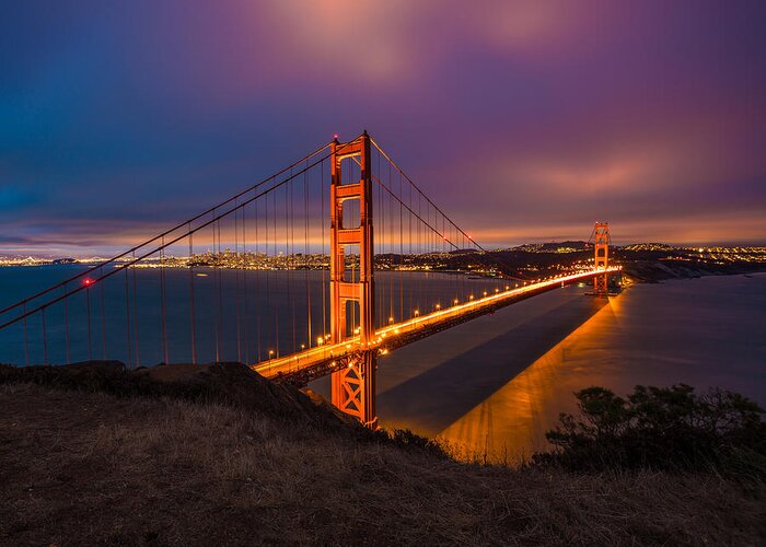 Golden Greeting Card featuring the photograph Golden Gate at Twilight by Mike Lee