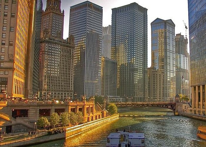 Thisischicago Greeting Card featuring the photograph Golden Hour On The Chicago River by Brian Stoneman