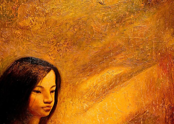Portrait Greeting Card featuring the painting Golden Light by Shijun Munns