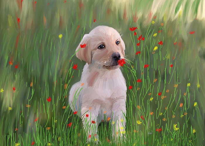 Puppy Greeting Card featuring the painting Golden Retriever Puppy by Angela Stanton