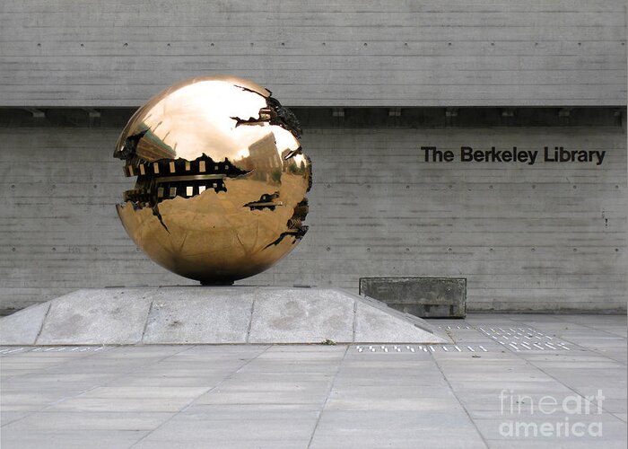 Gold Greeting Card featuring the photograph Golden Sphere by the Berkeley Library by Menega Sabidussi