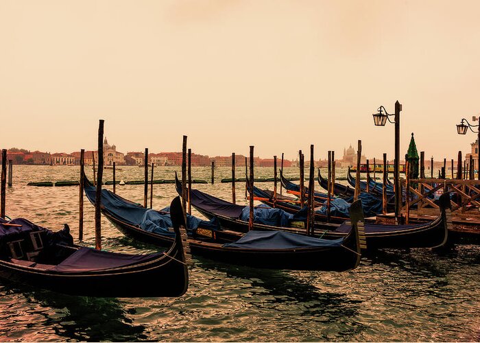 Tranquility Greeting Card featuring the photograph Gondolas At Dusk by Gomaba