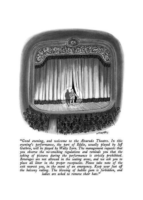 

 Man Making Announcements On Stage. 
Theater Greeting Card featuring the drawing Good Evening by Henry Martin