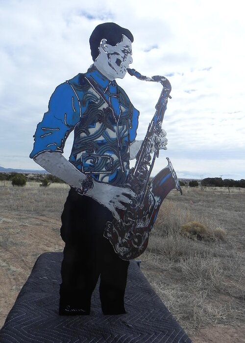 Steel Greeting Card featuring the sculpture Good Sax by Steve Mudge