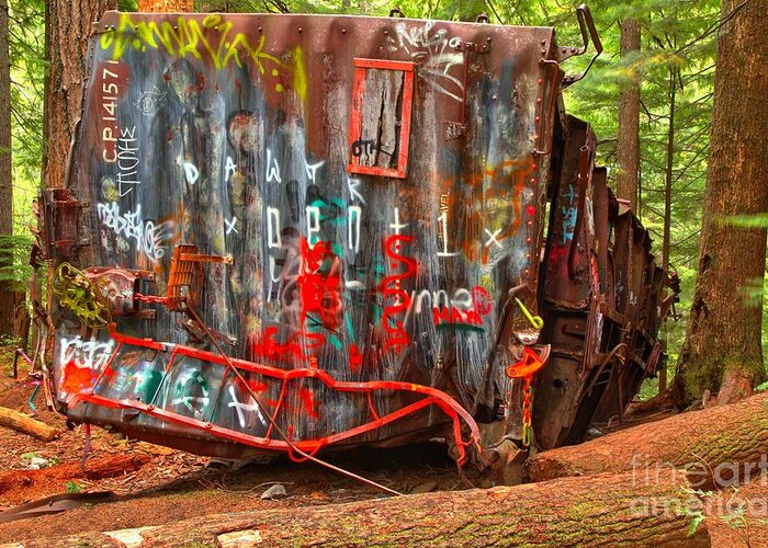 Train Wreck Greeting Card featuring the photograph Graffiti On The Wreckage by Adam Jewell