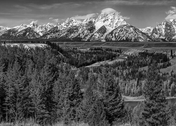 Grand Tetons Over Snake River Canyon Wyoming Trees River Mountains Water Park Sky Clouds Black & White Beautiful Detailed Greeting Card featuring the photograph Grand Tetons over Snake Rive by David Soldano