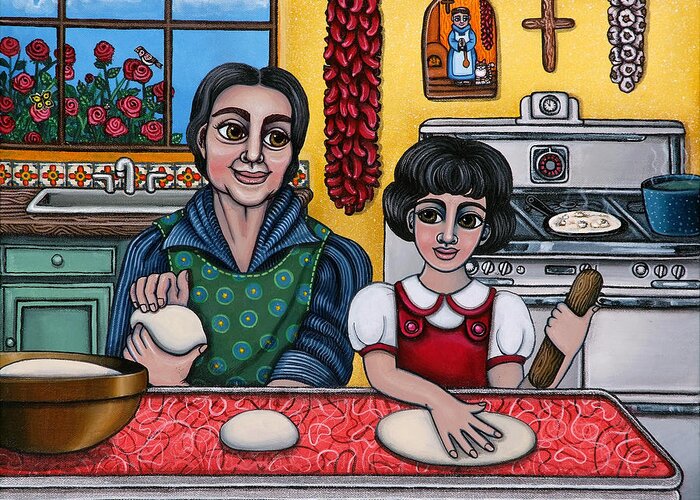 Hispanic Artists Greeting Card featuring the painting Grandma Kate by Victoria De Almeida