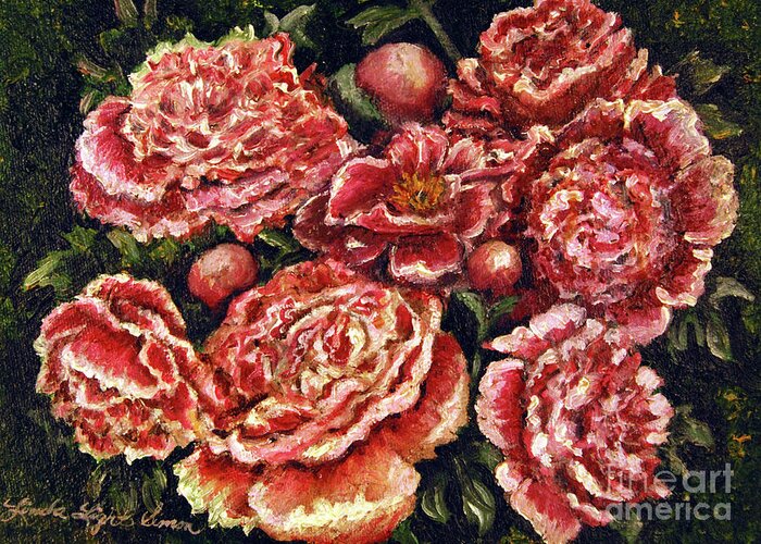 Pink Greeting Card featuring the painting Grandma Lights Peonies by Linda Simon