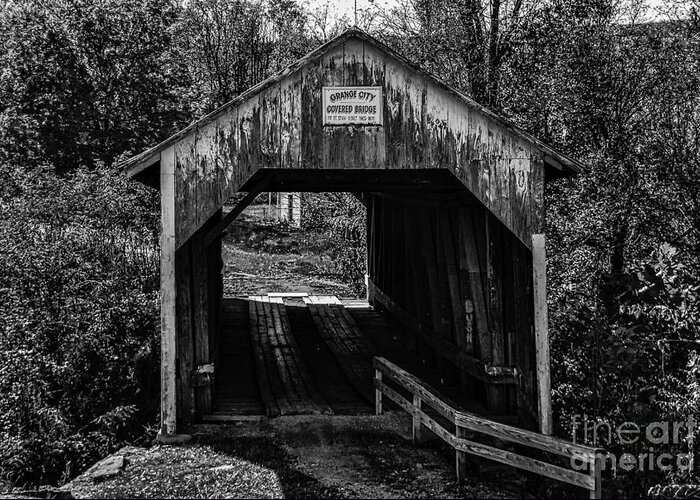 Architecture Greeting Card featuring the photograph Grange City Covered Bridge - BW by Mary Carol Story