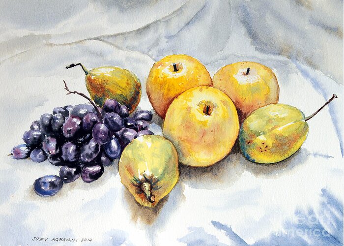 Grapes Greeting Card featuring the painting Grapes and Pears by Joey Agbayani