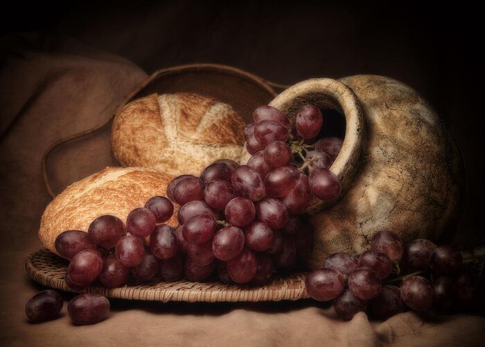 Art Greeting Card featuring the photograph Grapes With Bread Still Life by Tom Mc Nemar